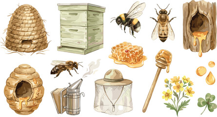 Beekeeping and Organic Honey Watercolor Element Set with Honeybees Beehives Smoker Protective Veil Dipper and Sweet Honeycomb for Farm Product Vector Designs © Rownok