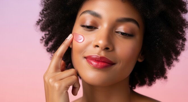Woman applies pink serum to cheek for skincare