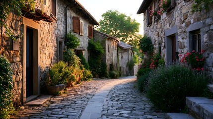 Fototapeta premium A serene view of a remote European village street bathed in soft morning light