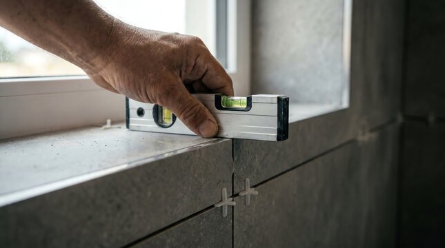 Close-up of a worker's hand using a spirit level to check the alignment of freshly laid tiles on a window sill during a home renovation project, ensuring a precise and even installation