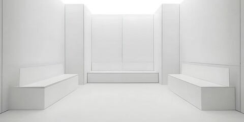 Fototapeta premium Contemporary interior design with white benches and central seating unit.