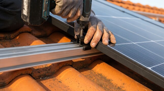 Professional hands installing modern photovoltaic solar panels on a residential terracotta tiled roof, connecting to a sustainable future with clean, renewable energy solutions