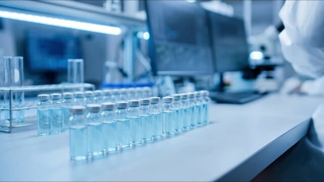 Scientists prepare samples in laboratory conditions by placing small test tubes on a clean surface during the laboratory research process.