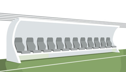 Fototapeta premium Modern curved stadium bench with grey ergonomic seats and white protective canopy structure installed along the edge of a green grass soccer field pitch.