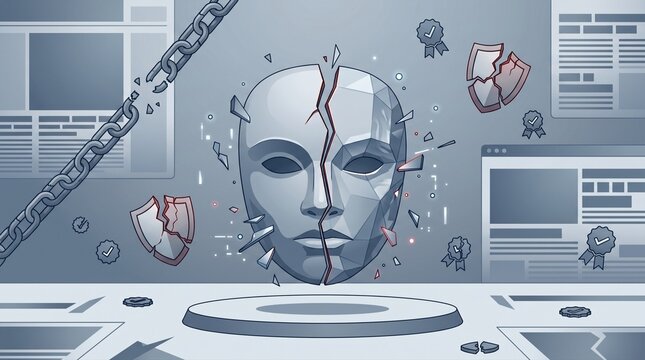 Deepfake mask with synthetic headlines and broken trust symbols concept