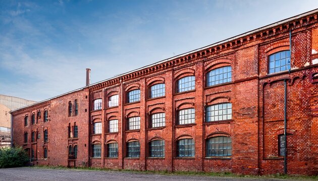 facade view of old factory building with red brick wall