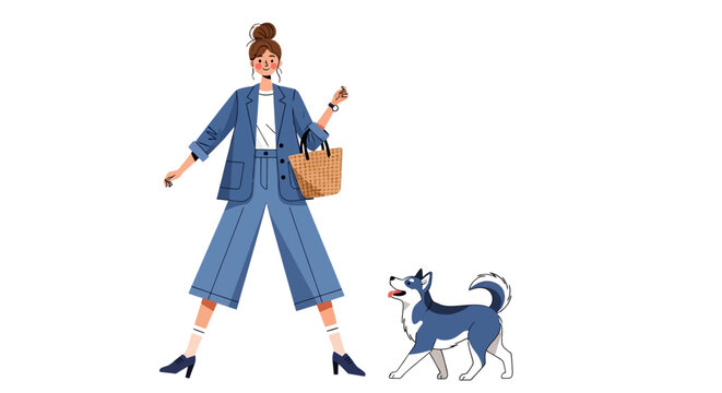 Woman in blue suit walking a dog with shopping basket.