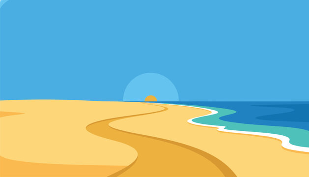 Tranquil shoreline with gentle surf and golden sunset horizon in a minimalist graphic style for travel destination and summer getaway concepts.