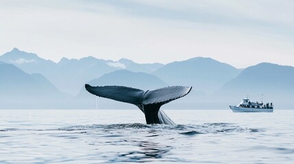 Naklejka premium Whale tail lifting above calm water with distant mountains, a sightseeing boat observing marine life