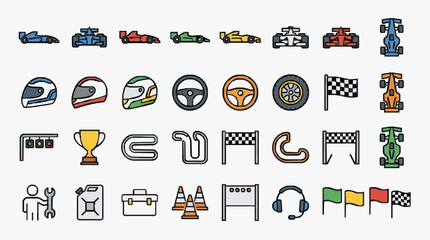 Naklejka premium Clean Illustrated Icons Collection for Motorsport and Racing Themes with high professional line art symbols for modern creative design and digital branding projects