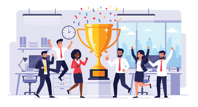 Business people celebrating with trophy award.