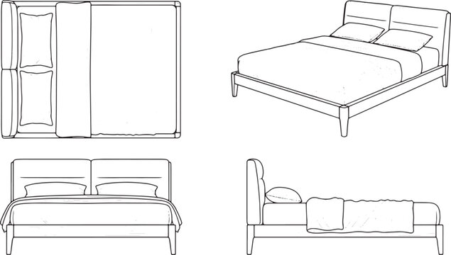 Double bed orthographic projection set with top, front, side, and isometric views in black line art