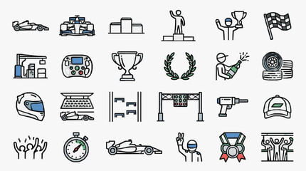 Naklejka premium Creative Racing and Motorsport Iconography Collection Featuring Competitive Elements Equipment and Celebratory Symbols