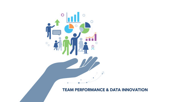 Large hand supports floating cluster of team figures, colorful pie charts, bar graphs, and upward arrows illustrating data innovation and performance metrics.