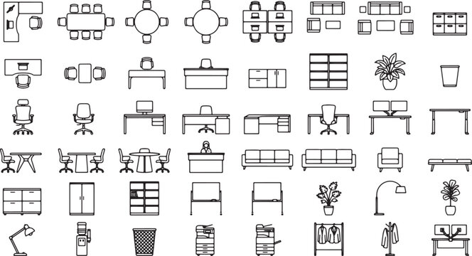 Office furniture top view icons set including desks chairs sofas and storage units in flat vector style