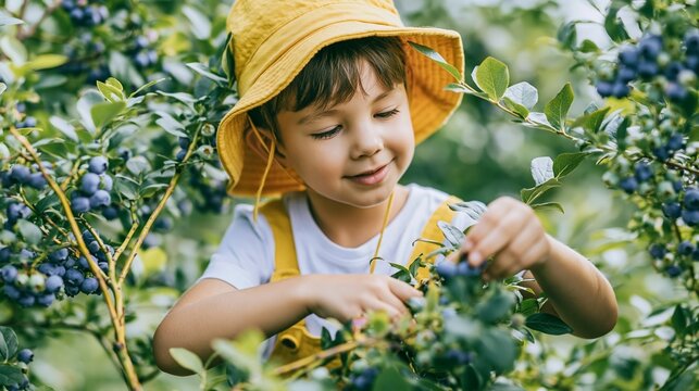 Young child in yellow hat picking fresh blueberries from lush bush, enjoying summer harvest and healthy eating