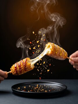 Glazed Korean Corn Dog Cheese Pull Floating Panko Crumb Dark Warm Studio Food Photography