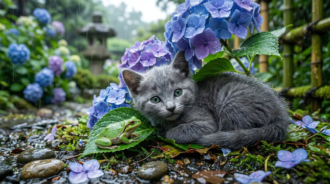 Surreal anime background style conceptual art of a cute grey kitten sheltering from summer rain under hydrangea flowers, watching a little green tree frog on a leaf.