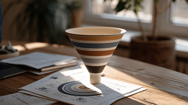 Marketing funnel diagram with wide awareness band narrowing through lead qualification, nurturing, and closed-won stages with annotated conversion rates, demand generation