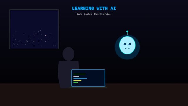 Artificial intelligence learning concept: programmer coding with ai assistant animation
