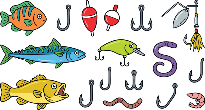 Fishing Gear and Tackle Icon Set with Colorful Fish Lures Hooks Bobbers and Baits for Outdoor Sport Graphic Designs Club Logos and Campground Website Media