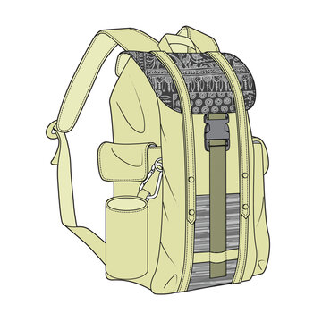 Hiking backpack technical flat drawing vector mockup illustration.