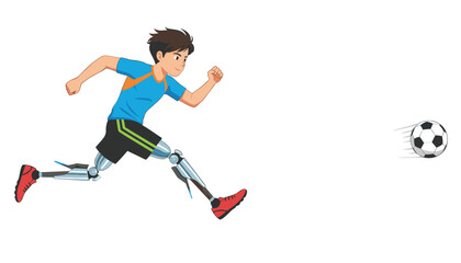 Obraz premium Young boy with advanced robotic prosthetic legs runs on a track and kicks a soccer ball forward with great energy.