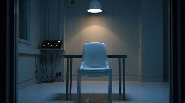 Police interrogation recorded room viewed from behind a one-way mirror, empty chair and metal table centered under a single overhead fixture, recording equipment console blinking