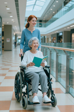 Vertical shot of senior Caucasian woman with disability sitting in wheelchair and reading brochure while young adult Caucasian caregiver pushing in clinic corridor. Useful for elder care marketing