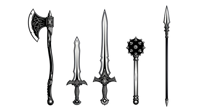 Ornate medieval fantasy weapon set with sword axe mace and spear