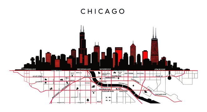 Chicago city skyline silhouette over street map grid in red and black