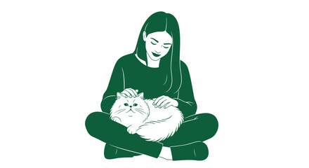 Smiling woman petting fluffy cat sitting cross-legged minimalist illustration © lasmini