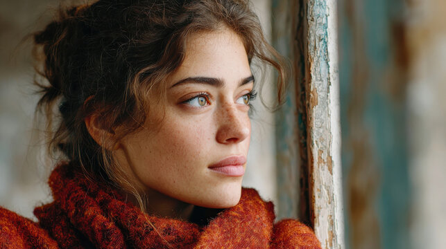 Young woman with terracotta scarf looks thoughtfully through rustic window frame with mineral tones creating aesthetic mood