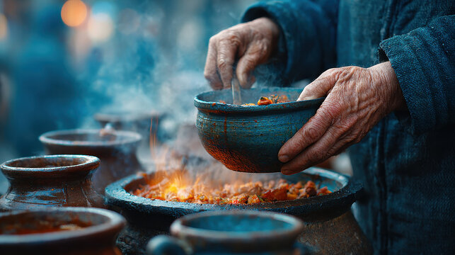 Steaming terracotta bowl held by aged hands with mineral rich food inside creating aesthetic warm scene