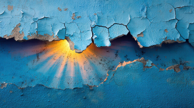 Peeling blue paint reveals terracotta mineral surface beneath with warm light creating aesthetic contrast and textured effect