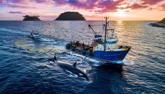 Stunning aerial drone photograph of a large fishing trawler boat pulling nets next to a majestic killer whale orca swimming in the ocean during a dramatic golden sunset sky near islands scenery