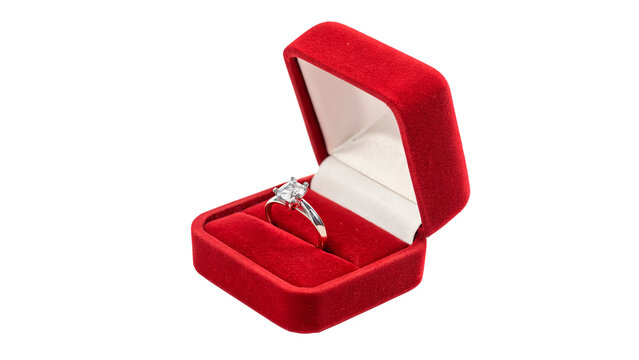 Open bright red velvet ring gift box with diamond ring isolated on transparent background cut out