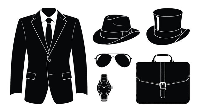 Businessman dress code accessories including suit case and watch on white