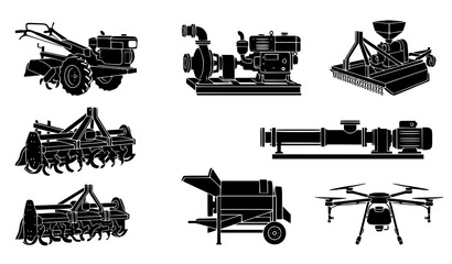 Obraz premium Agriculture Machine Silhouette Vector Set With Power Tiller Rice Mill And Pump Icons