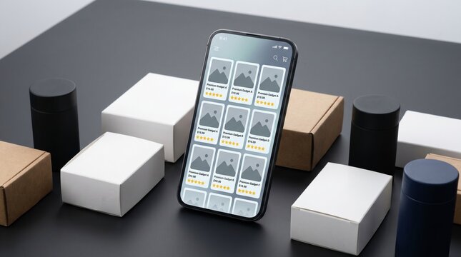 Marketplace app listing with cloned ratings and repeated product photos concept