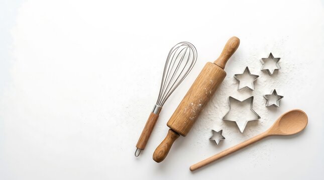 A top view of professional kitchen utensils including a whisk, a wooden rolling pin, a wooden spoon, and star-shaped cookie cutters on a white background with flour dusting