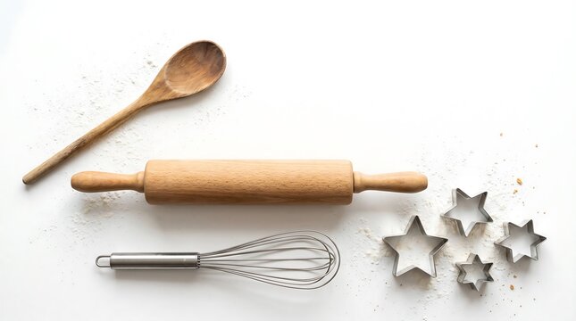 Wooden and metal baking utensils including rolling pin whisk and star cookie cutters on white surface