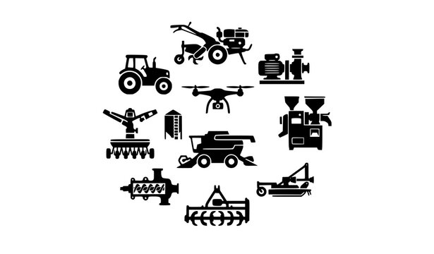 Agricultural Technology Icons Featuring Power Tiller Rotavator And Rice Mill Machines