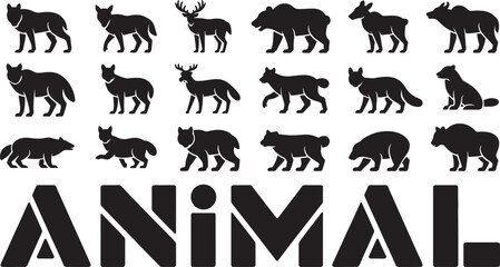 Fototapeta premium Various animal silhouettes displayed in rows with the word ANIMAL.