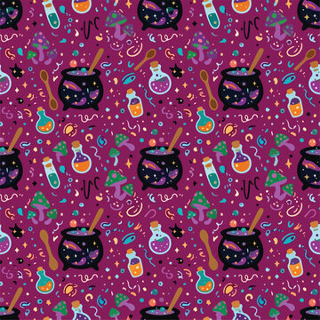 Colorful witchcraft magic potion bottles.