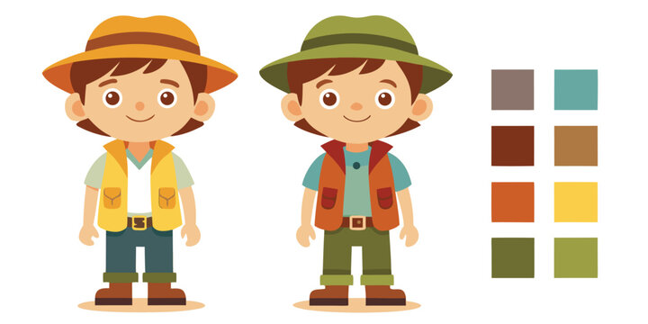 Little boy explorer cartoon character set with color palette options explorer character adventurer illustration