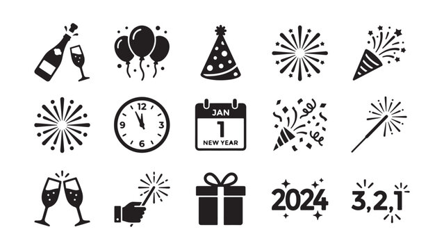 Collection of New Year's Eve Celebration Icons with Champagne, Fireworks, and 2024 Elements