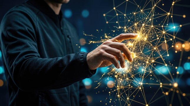 Man Interacting with Futuristic Digital Network of Glowing Connections.