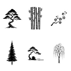 Fototapeta premium Black and white tree and bamboo silhouettes on transparent background