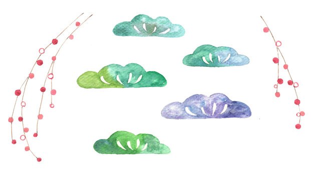 お正月や年賀状に使える松と餅花の和風手描き水彩イラストセット
 Japanese New Year watercolor illustration set of pine trees and mochibana cake decorations